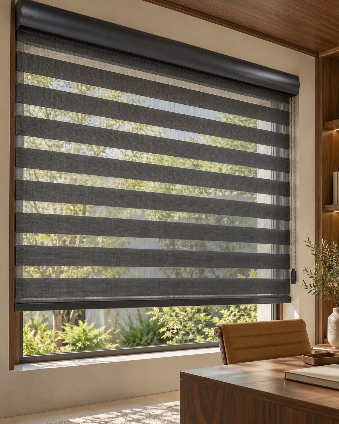 Cortina Line Sheer em tom escuro com faixas horizontais