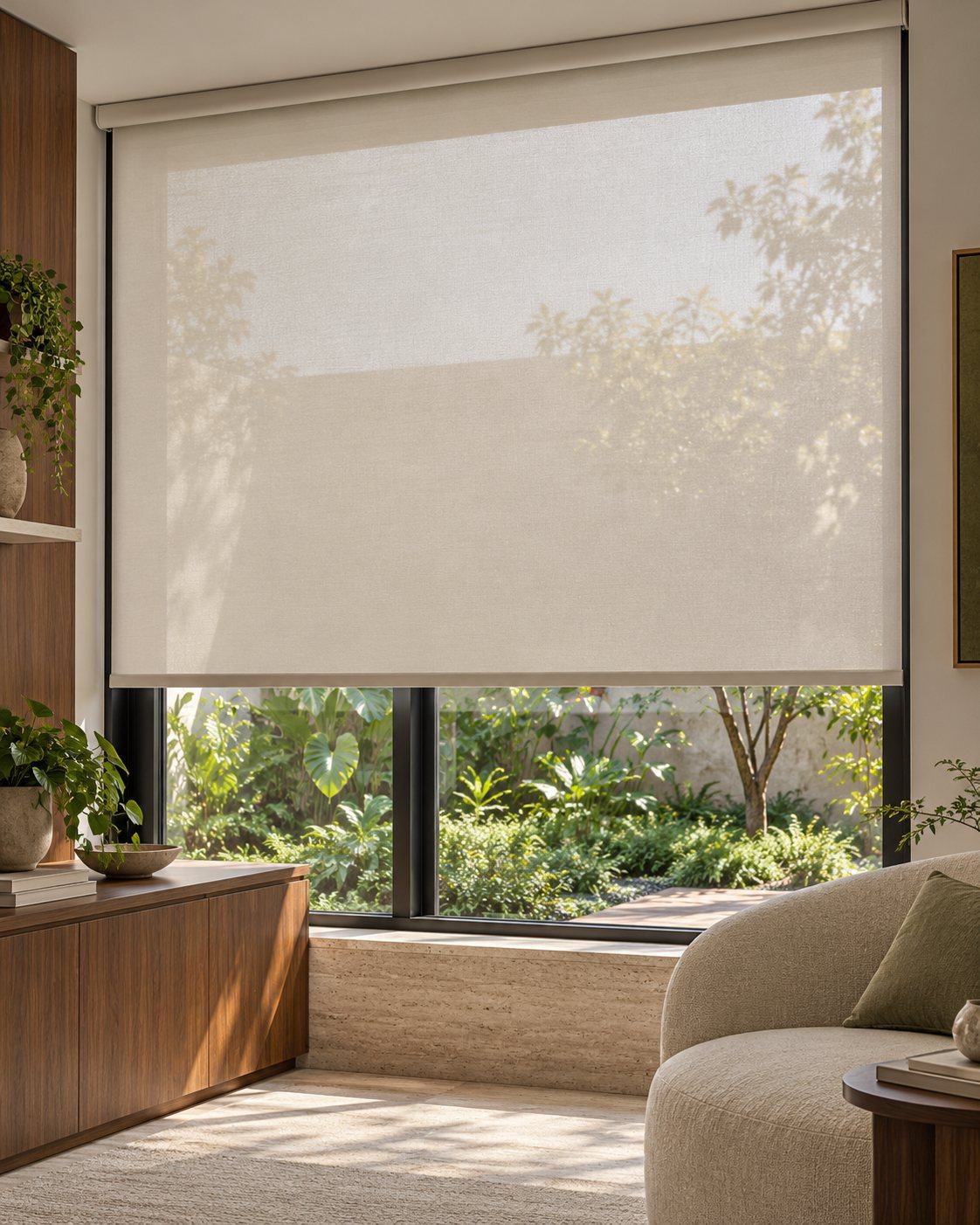 Cortina rolô Screen em sala com vista para o jardim em Araçatuba
