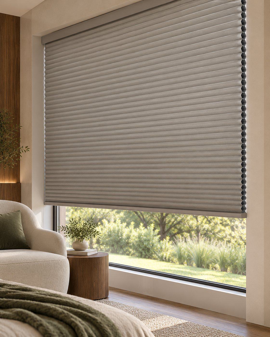 Cortinas celulares em quarto com vista para o jardim