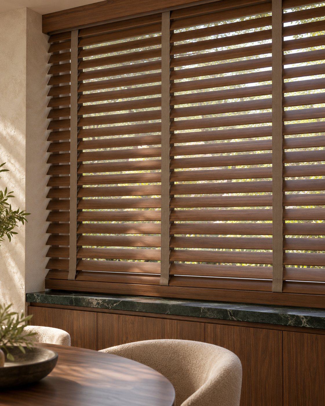 Persiana horizontal de madeira natural em sala de jantar em Araçatuba