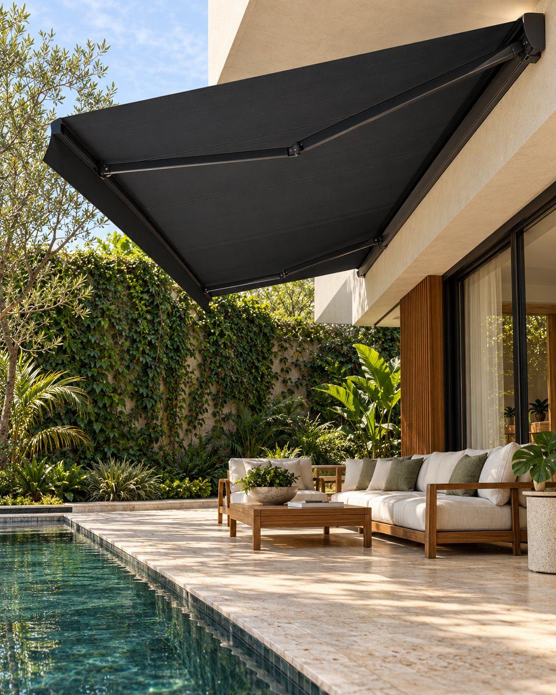 Toldo articulado sobre área de piscina com jardim vertical em Araçatuba