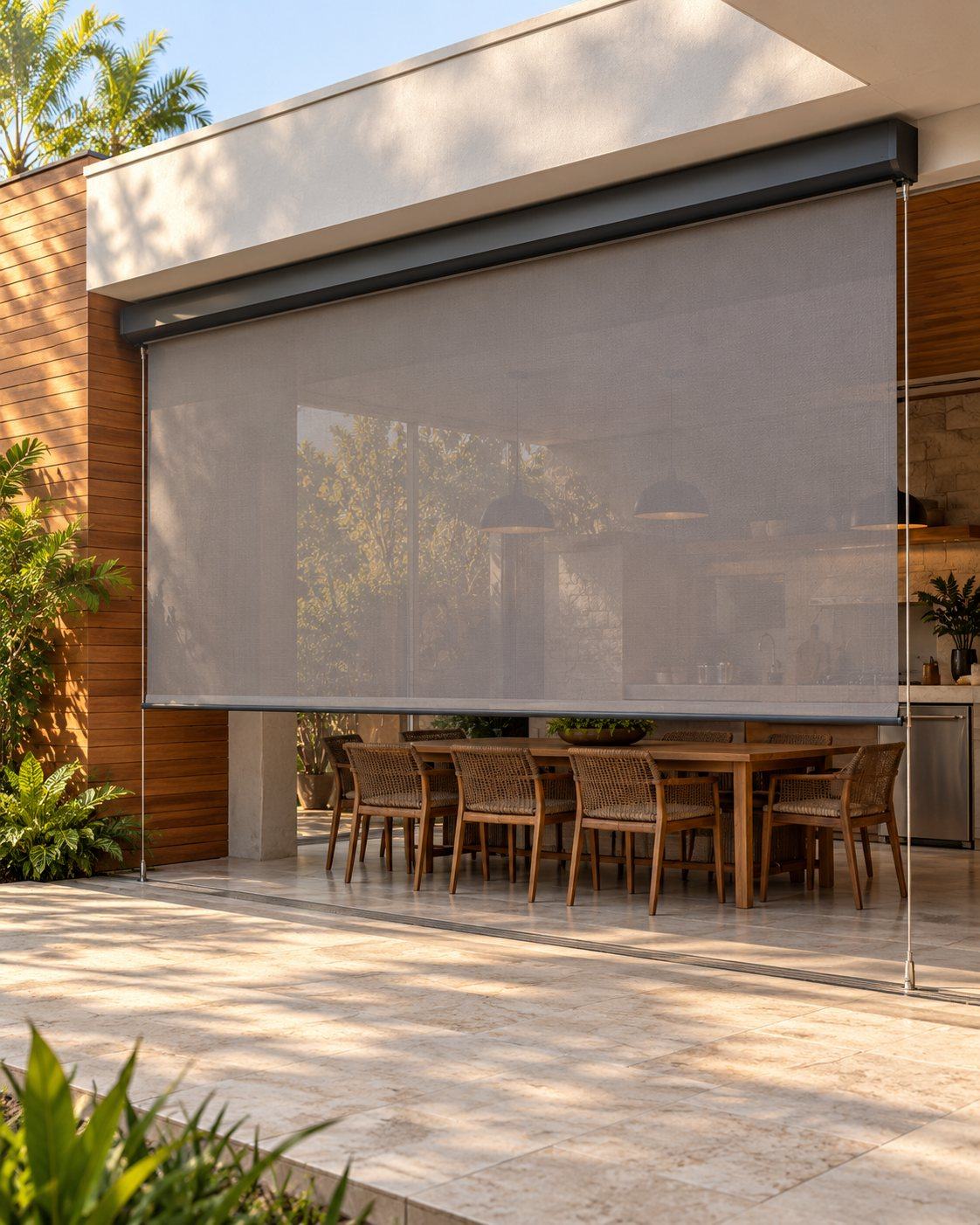 Toldo vertical com cabos-guia fechando área gourmet em Araçatuba